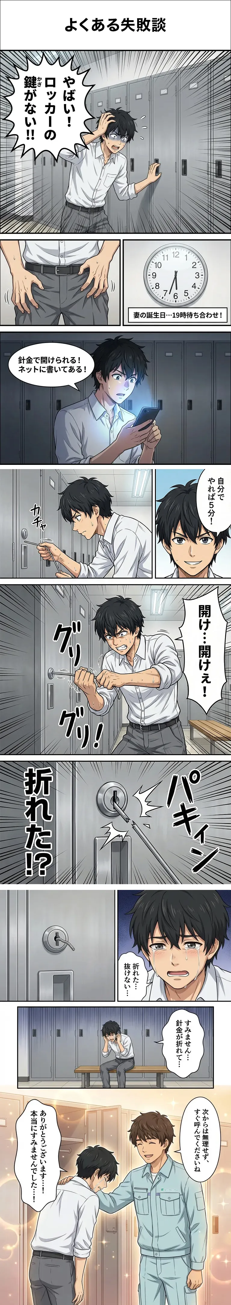ロッカーの鍵に針金を差し込んだ失敗談のマンガ