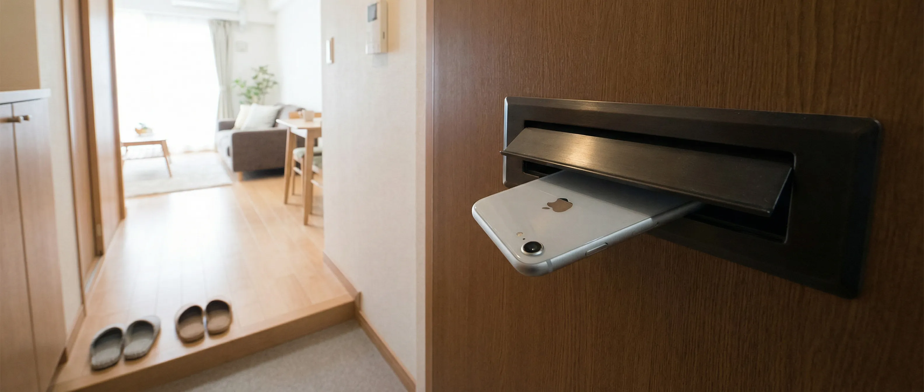 ドアポストにスマホが差し込まれている様子