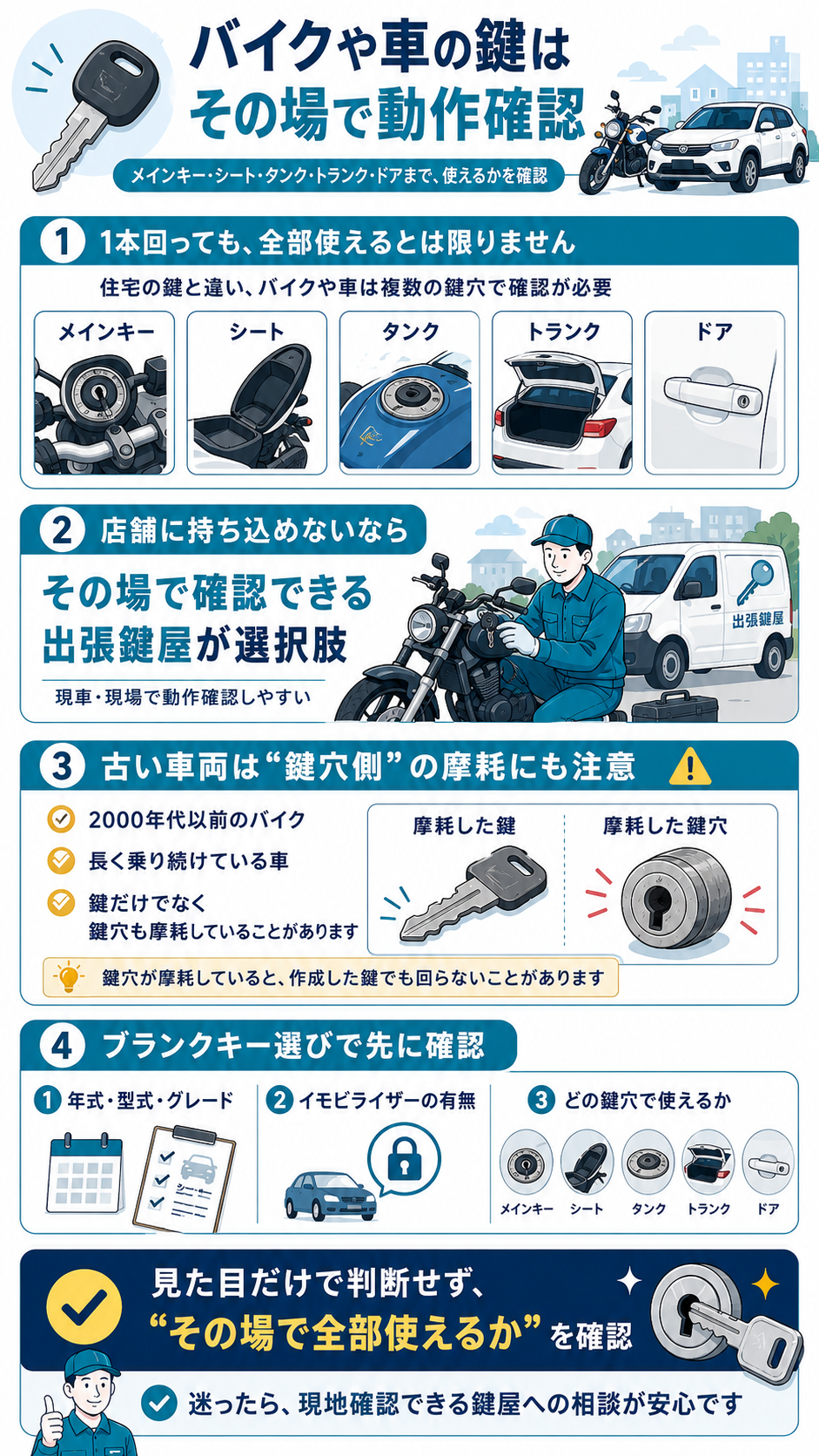 バイクや車のブランクキーは、削れる場所より「現地で回るか確認できる」ことが重要