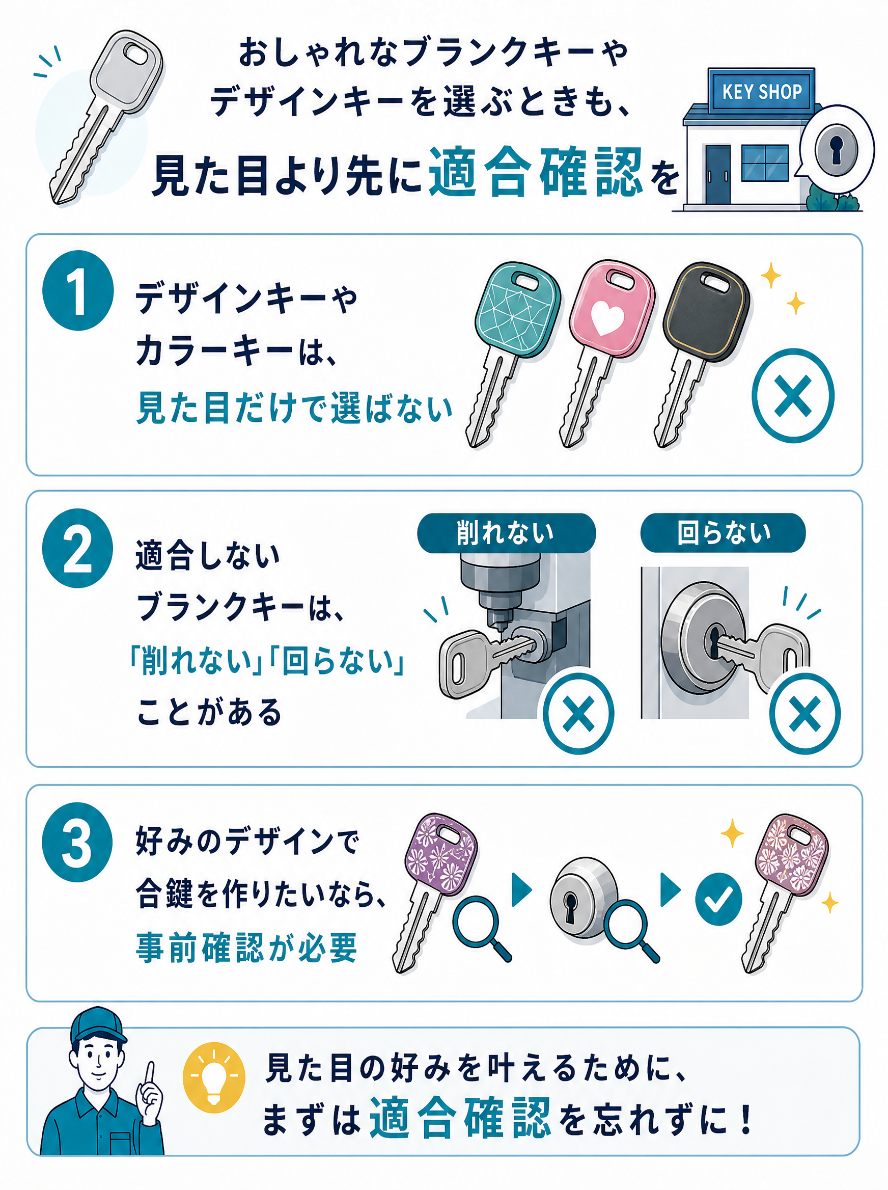 おしゃれなブランクキーやデザインキーを選ぶときも、見た目より先に適合確認