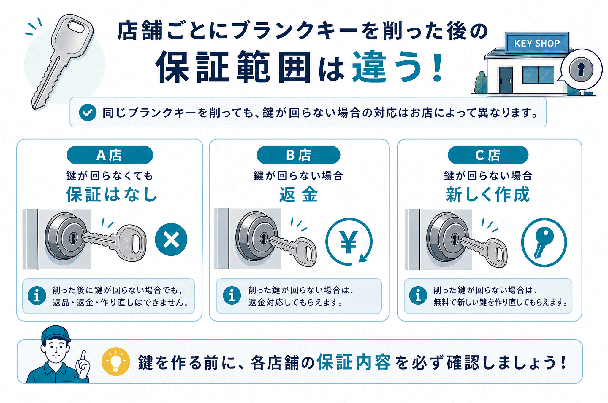 作成後に鍵が回らないときの保証範囲は店舗ごとに違う