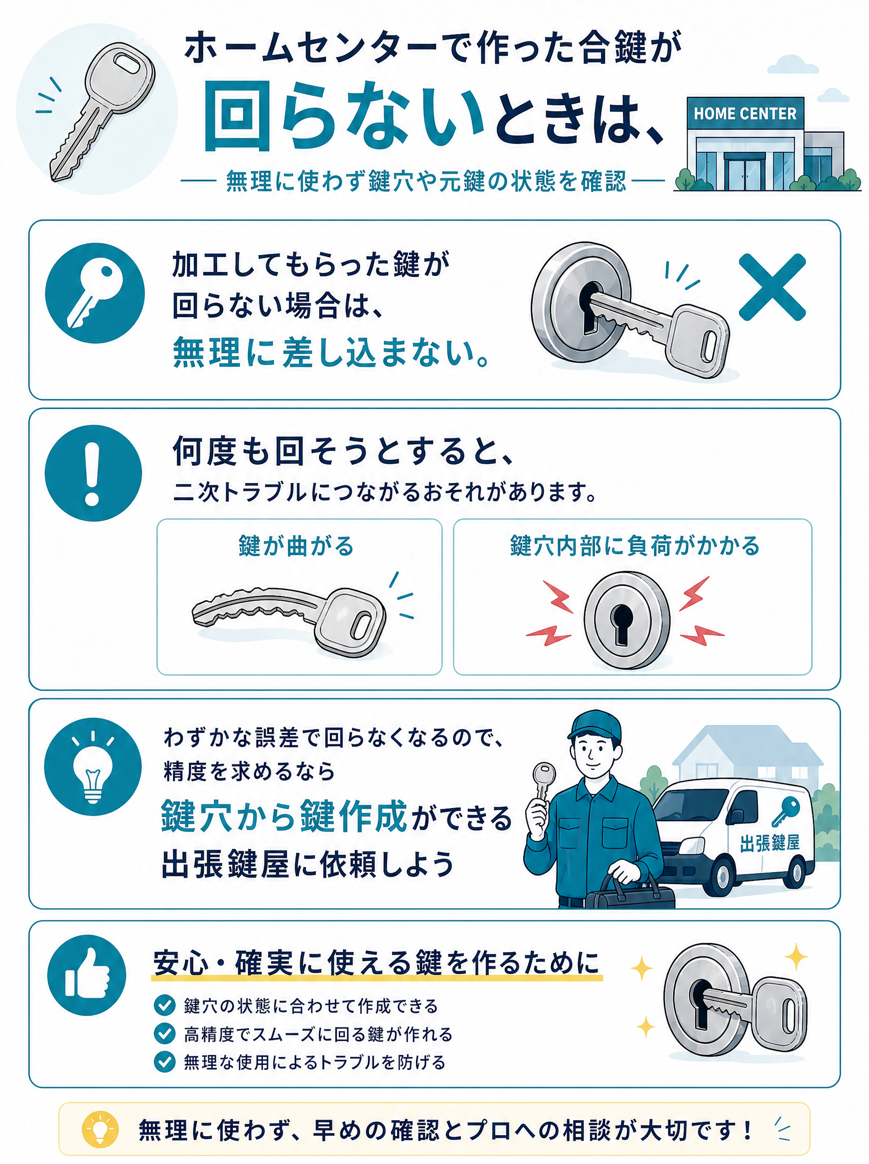 ホームセンターで作った合鍵が回らないときは、無理に使わず鍵穴や元鍵の状態を確認
