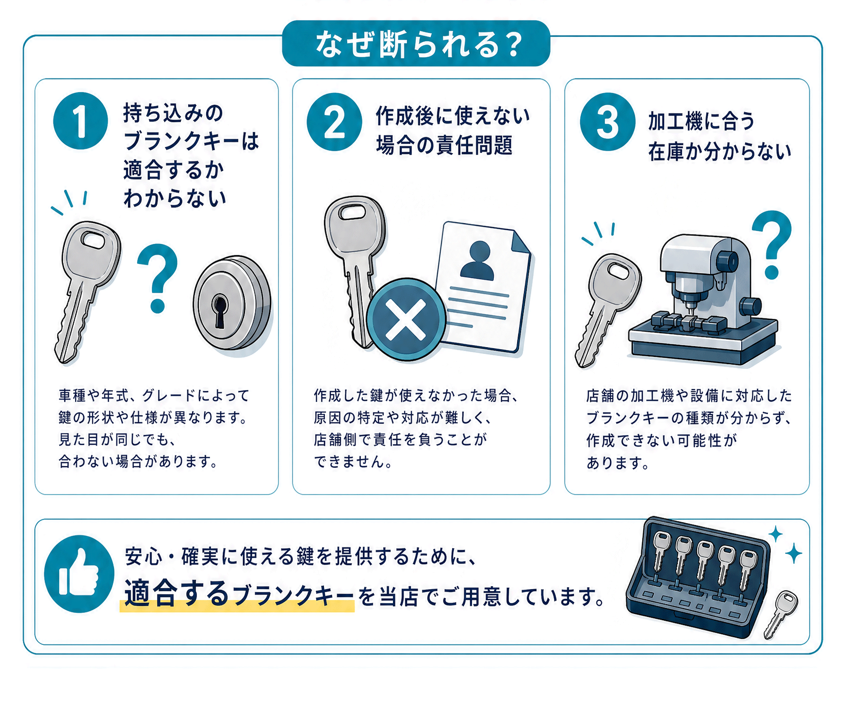 持ち込みのブランクキーが断られるのは、適合や作成後の責任を店舗で判断しにくい