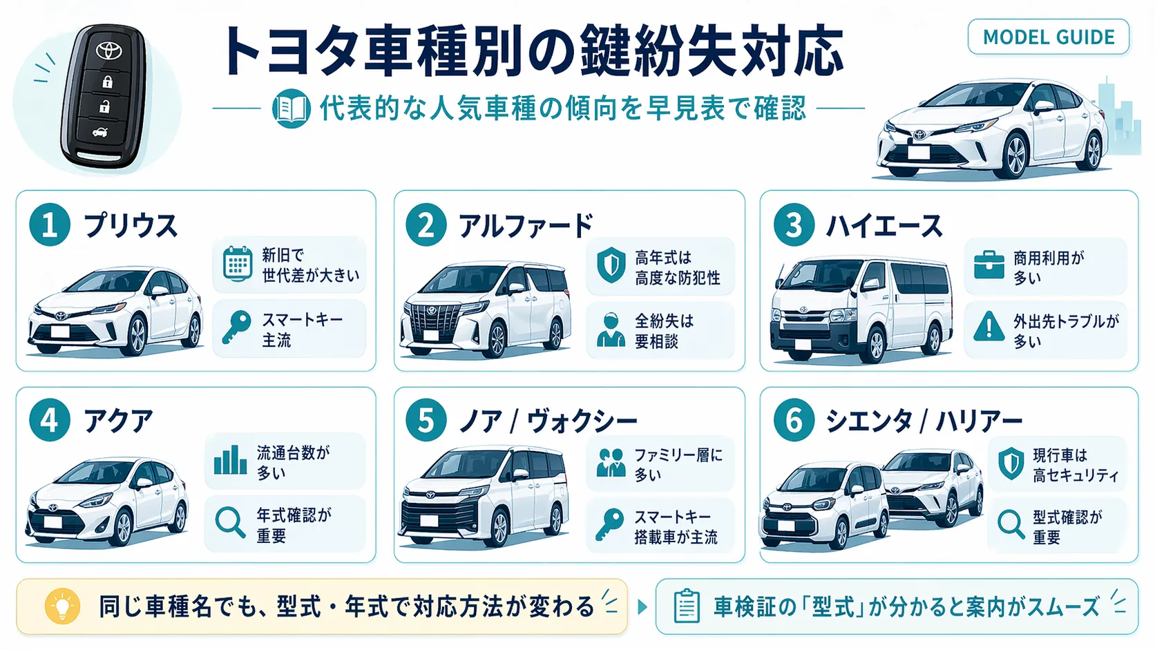 トヨタ車種別の鍵紛失対応