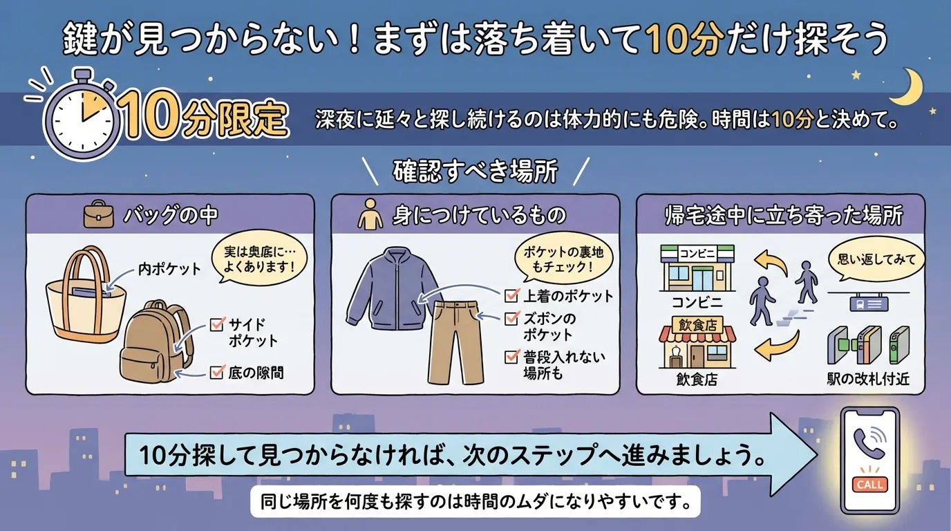 安全のため深夜の鍵紛失は10分以上探さない
